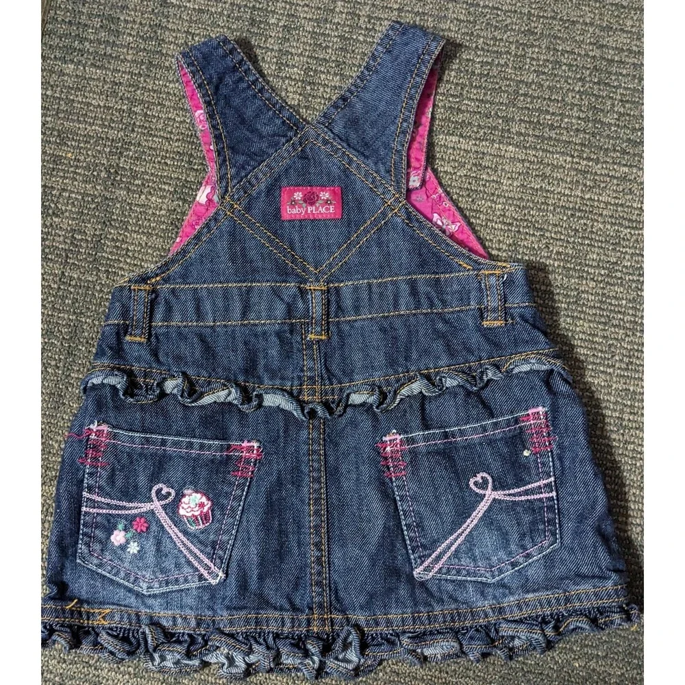 The Childrens Place Overall‎ Skirt 6-9 Months Denim Embroidered Flowers Ruffled